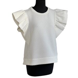 Jodifl White Ruffle Short Sleeves Dots Textured Top Sz L Round Neck